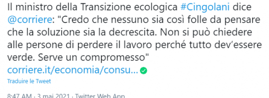 Una risposta al ministro Cingolani… da quei ‘folli’ della decrescita