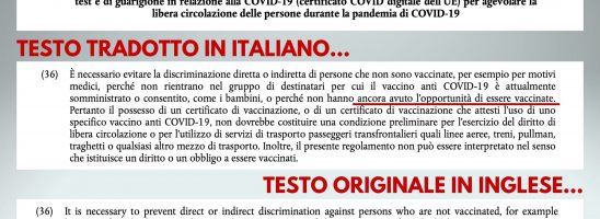 Green Pass: nella traduzione italiana del regolamento UE sparisce una “frasetta” cruciale…