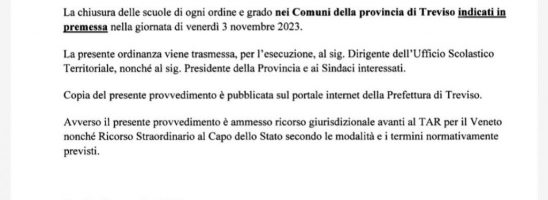 Chiuse le scuole di ogni ordine e grado a Treviso per allarme idrogeologico